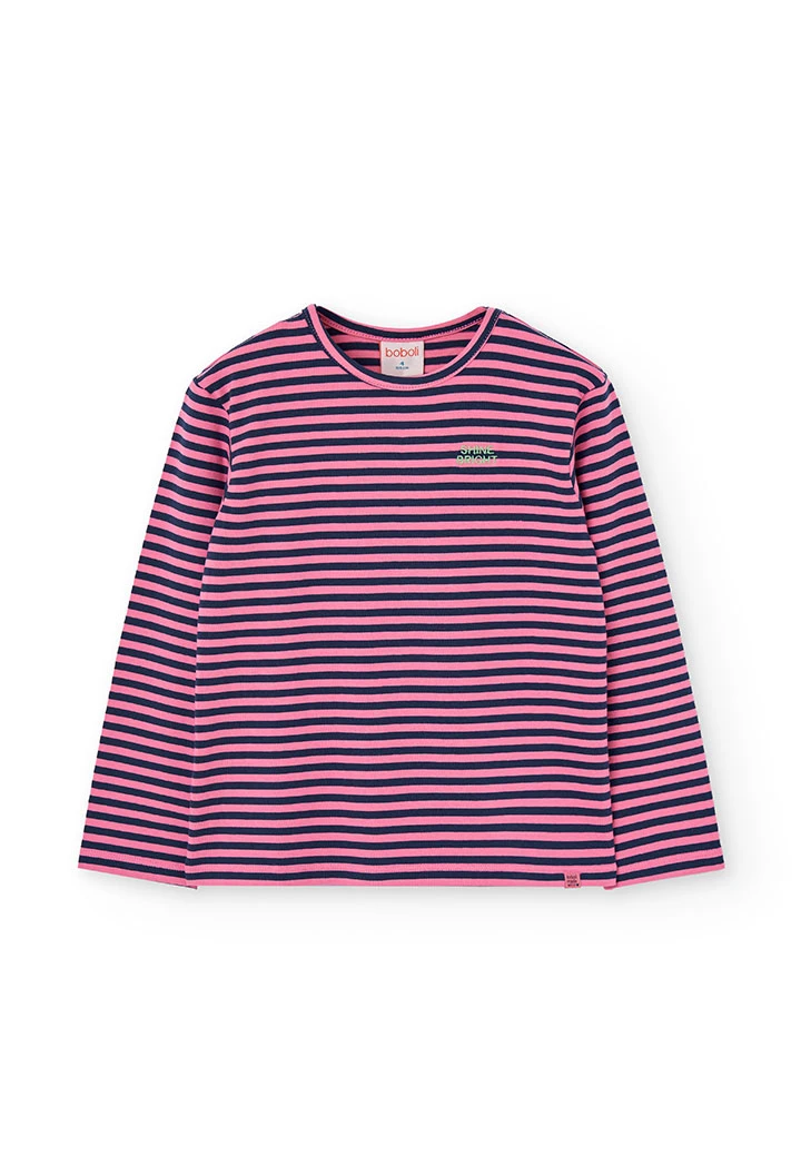 T-shirt fille en jersey à rayures roses et bleu marine
