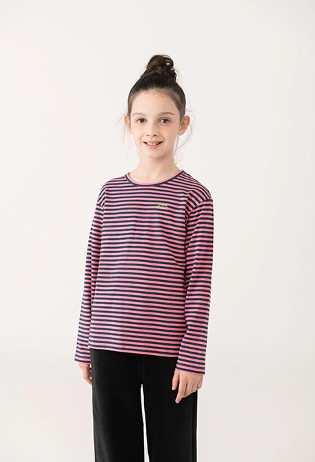 Camiseta niña punto rayas rosa y azul marino
