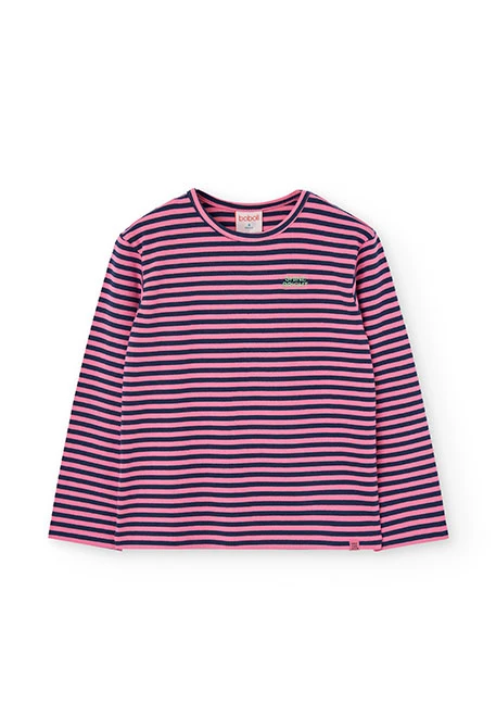 Camiseta niña punto rayas rosa y azul marino