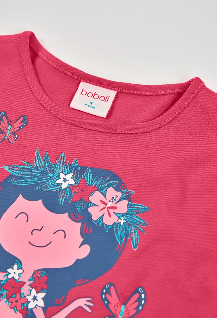 Mädchen-T-Shirt aus roter Baumwolle mit Druck.