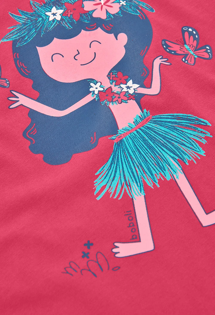 Mädchen-T-Shirt aus roter Baumwolle mit Druck.