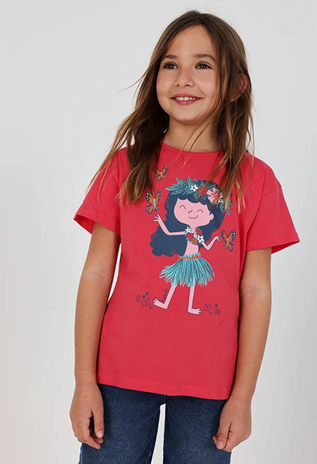Girls? cotton T-shirt in red with print