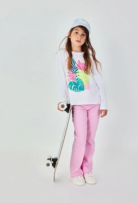 Pantalon fille en coton couleur rose