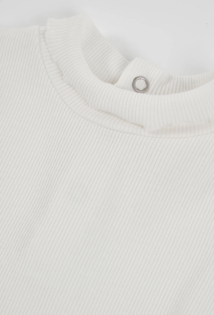 T-shirt fille en maille côtelée blanc col roulé