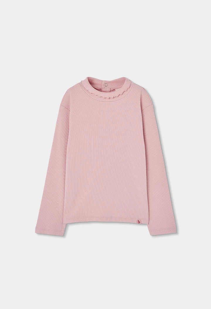 T-shirt en maille côtelée fille rose avec volant