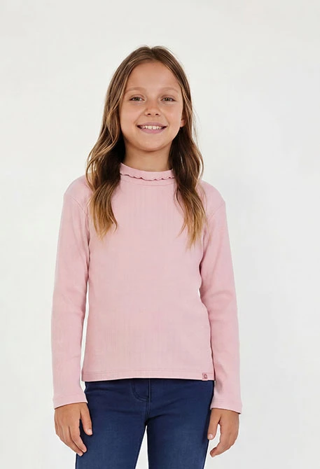 Camiseta punto canalé niña rosa con volante