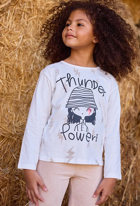 Maglietta in maglia bambina bianca stampa Thunder Power