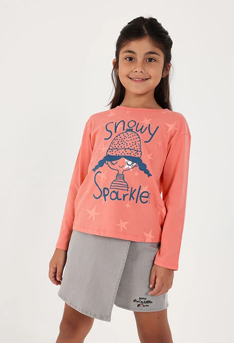 Red star print girls\' knitted T-shirt