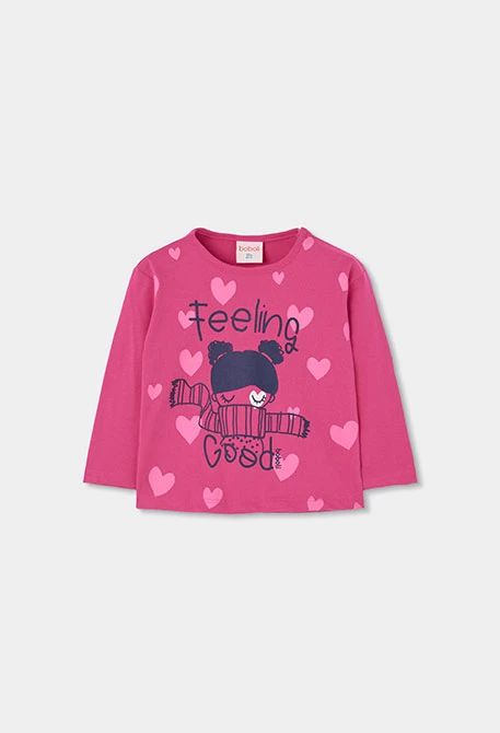 Camiseta punto niña fucsia estampado corazones