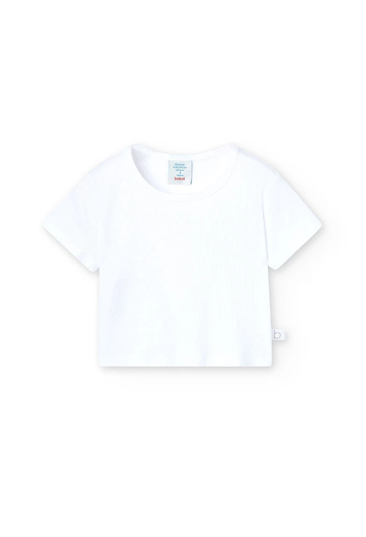 T-shirt à maille côtelée pour fille, couleur blanche