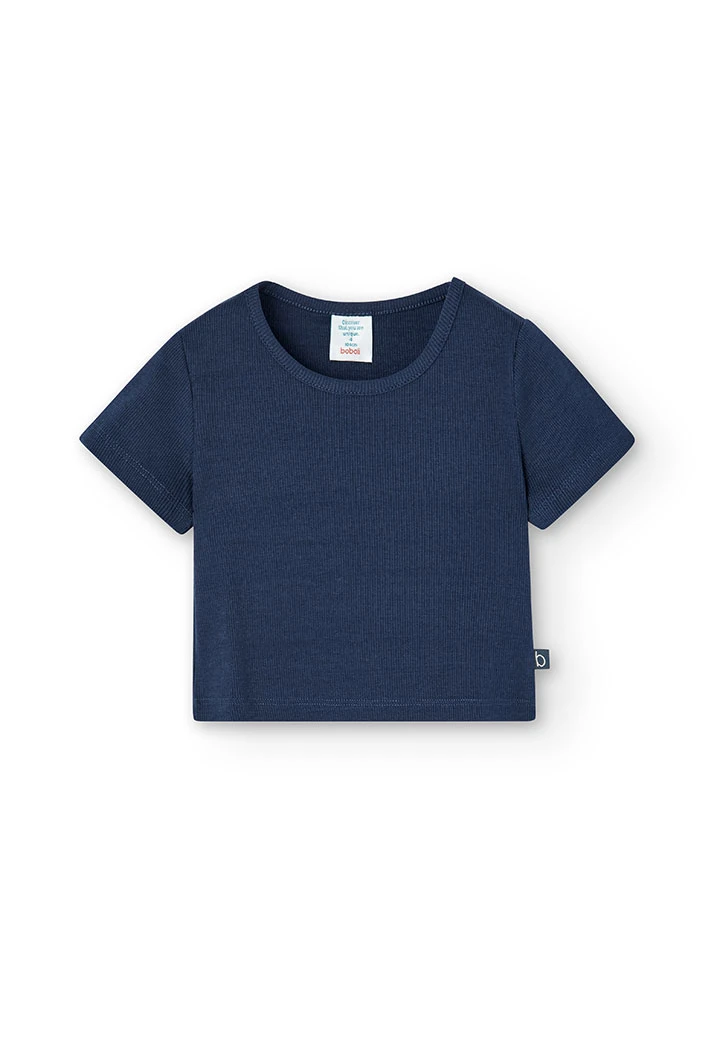 T-shirt à maille côtelée pour fille, couleur bleu marine