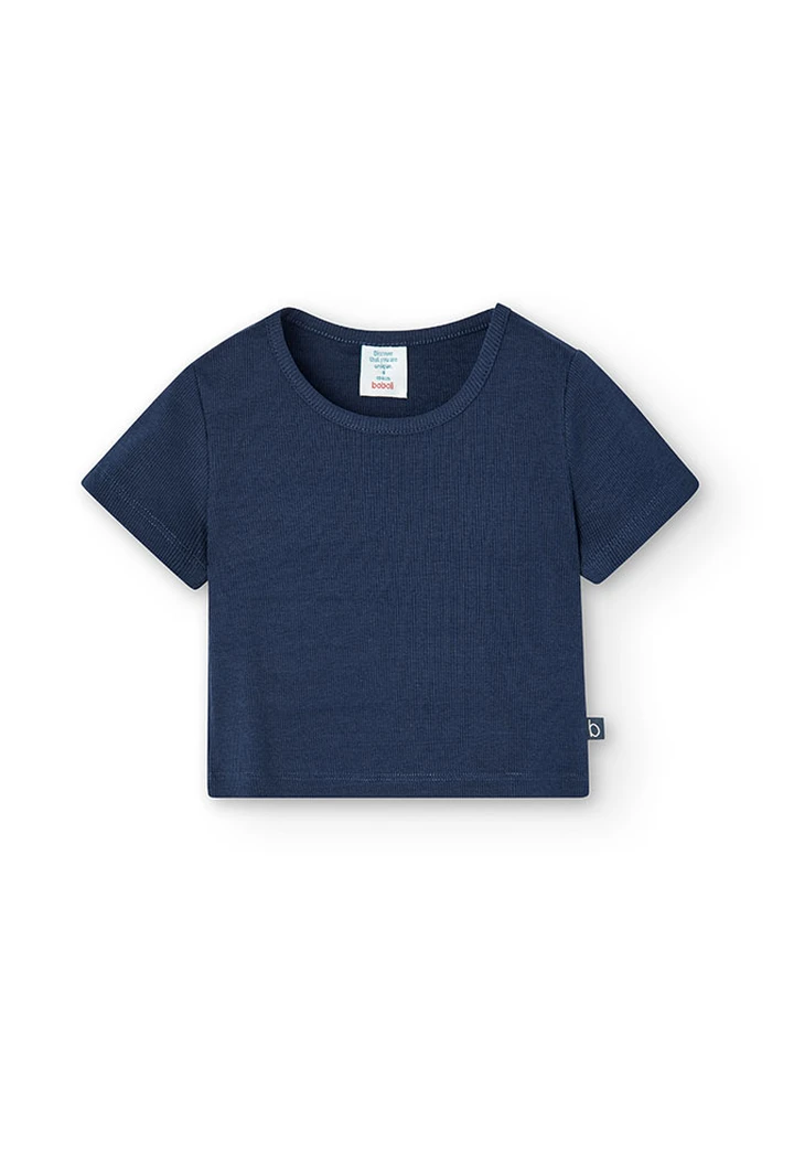 T-shirt à maille côtelée pour fille, couleur bleu marine