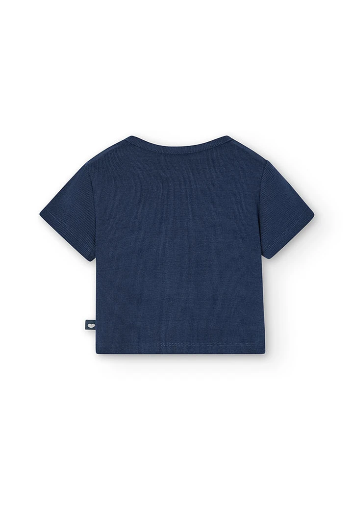 T-shirt à maille côtelée pour fille, couleur bleu marine