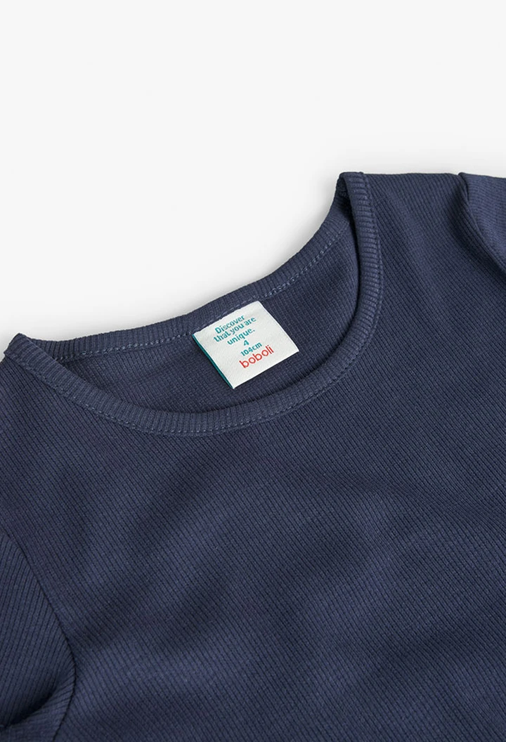 T-shirt à maille côtelée pour fille, couleur bleu marine