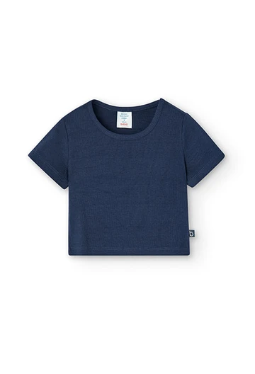 Maglietta in jersey a costine da bambina blu marino