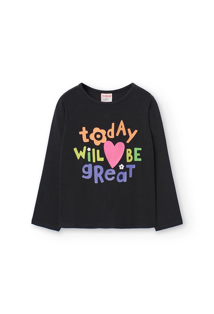 Knitted black T-shirt for girls with print