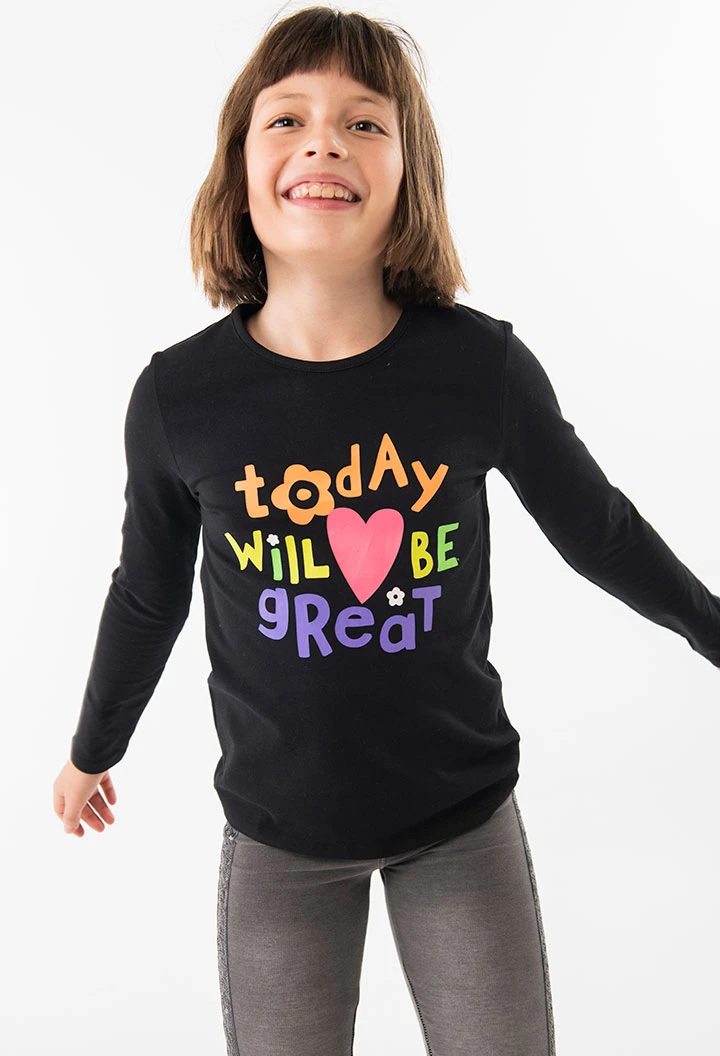 Knitted black T-shirt for girls with print