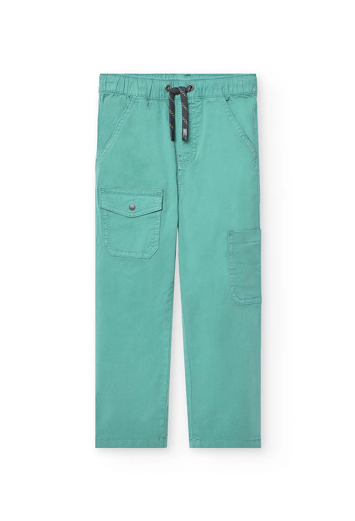 Elastic cargo trousers for boys in green colour