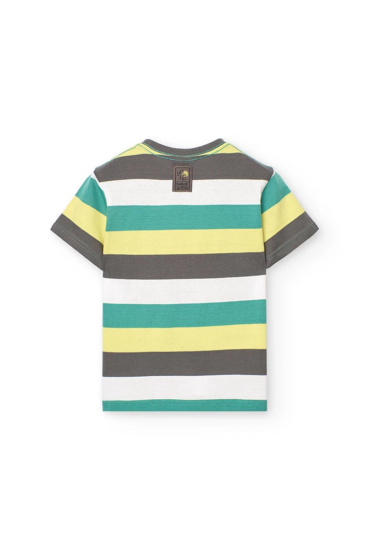 T-shirt en maille pour garçon rayée en vert, gris et jaune.