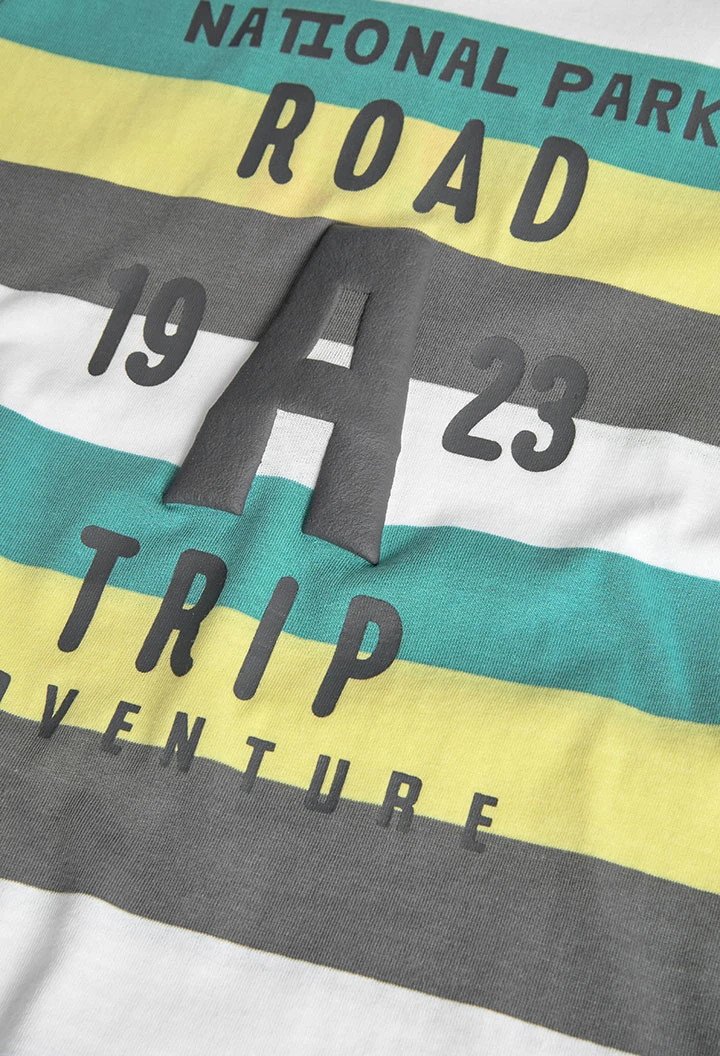 Knitted t-shirt for boys in green, grey, and yellow stripes