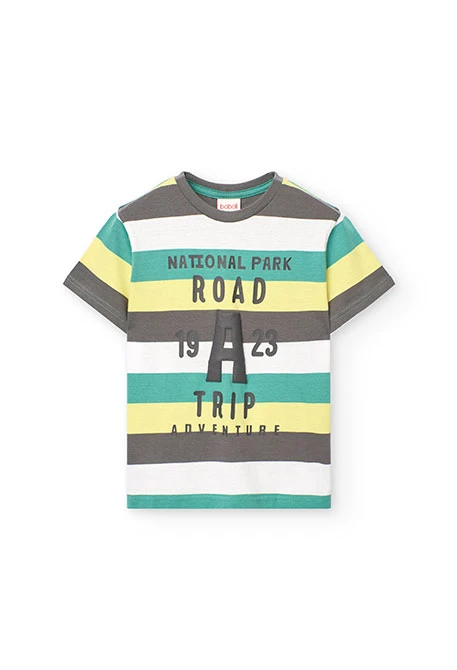 T-shirt en maille pour garçon rayée en vert, gris et jaune.