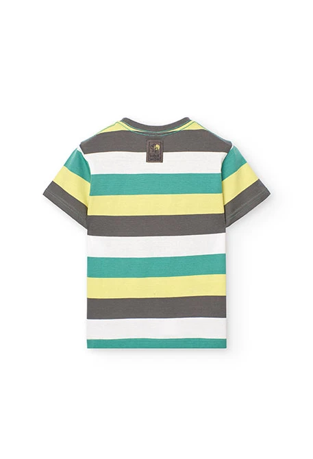 T-shirt en maille pour garçon rayée en vert, gris et jaune.