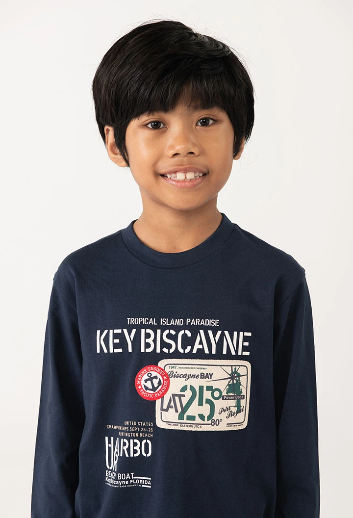 Jungen T-Shirt aus marineblauem Jersey mit Aufdruck