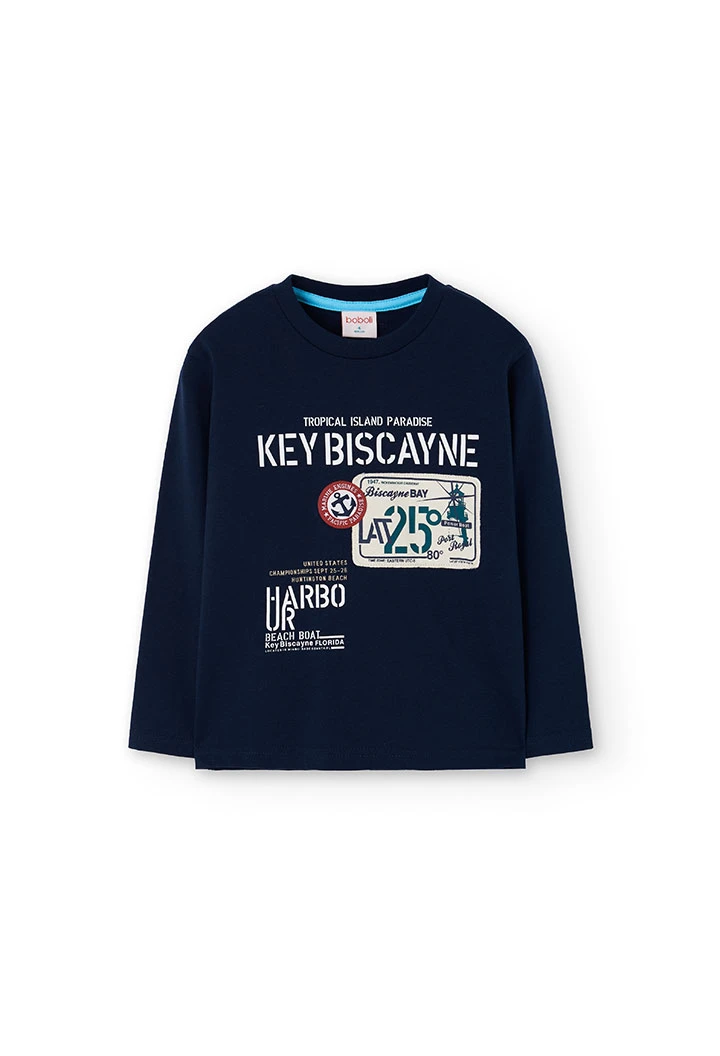 T-shirt de menino malha azul marinho estampada