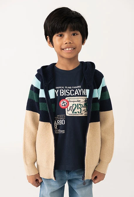 Veste garçon avec rayures bleu et beige