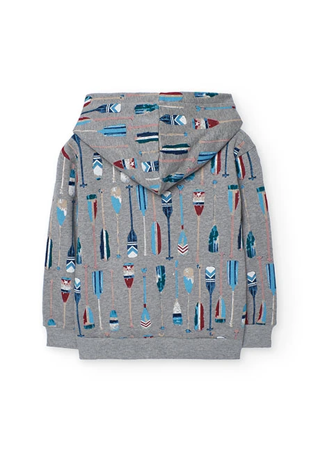 Gestrickter grauer Jungenpullover mit Aufdruck