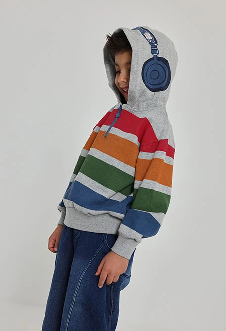Sweat-shirt en molleton garçon gris chiné rayé multicolore