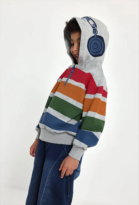 Sweatshirt em felpa para menino cinzento vigoré com riscas multicolor