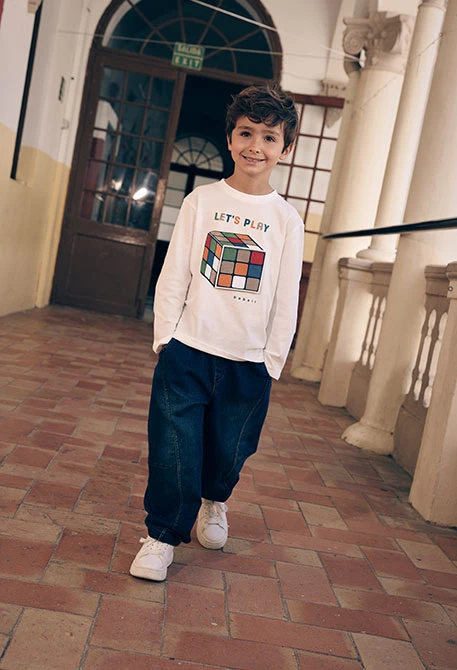 Blue denim trousers for boys with drawstring