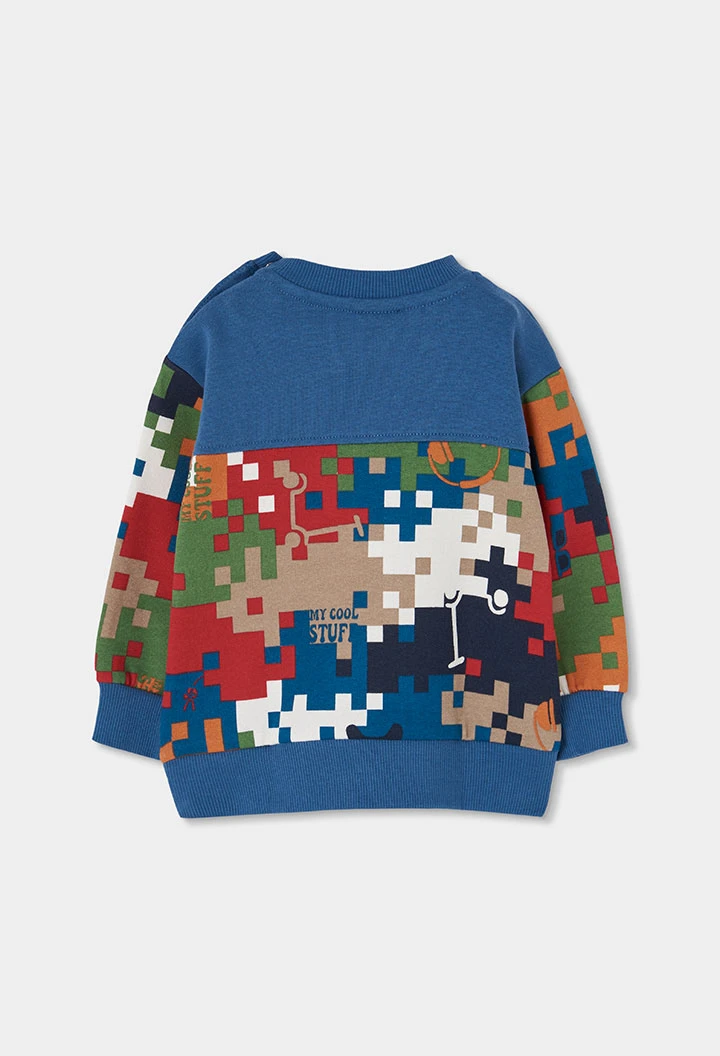 Sweatshirt em felpa para menino azul com estampado de píxeis