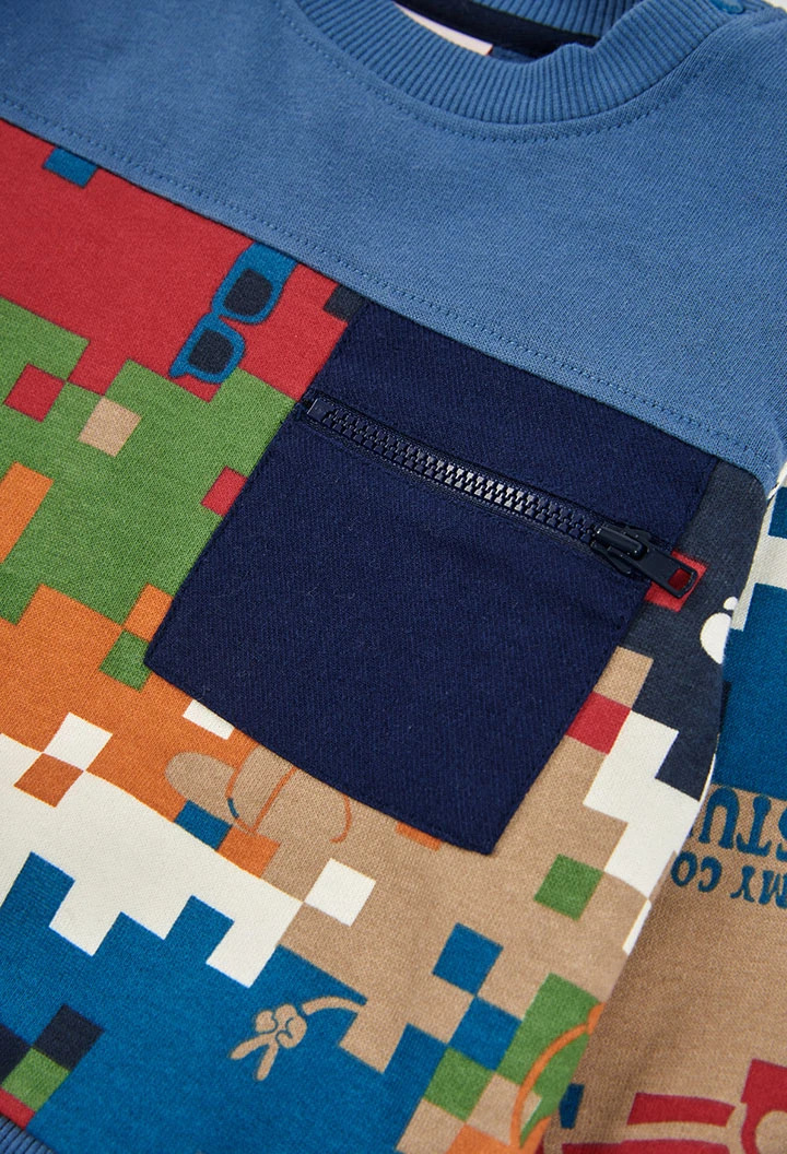 Sweatshirt em felpa para menino azul com estampado de píxeis