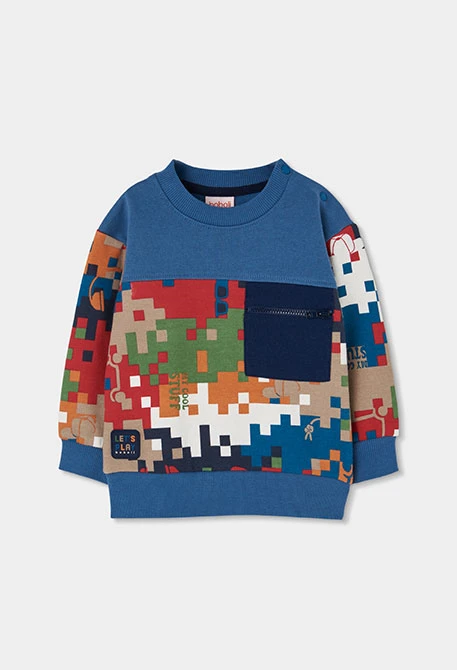 Sweatshirt em felpa para menino azul com estampado de píxeis