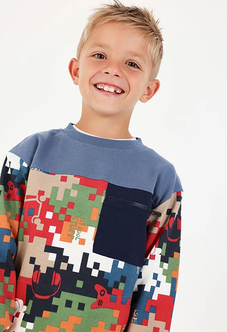 Sweat-shirt en molleton garçon bleu imprimé pixels