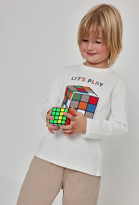 T-shirt en maille garçon blanc imprimé Rubik\'s Cube