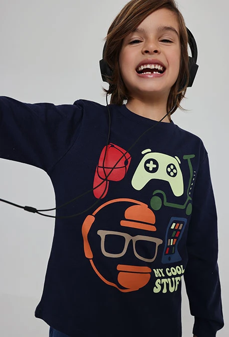 T-shirt en maille garçon bleu marine imprimé gaming