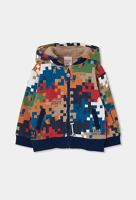 Casaco em felpa para menino com estampado de píxeis multicolor