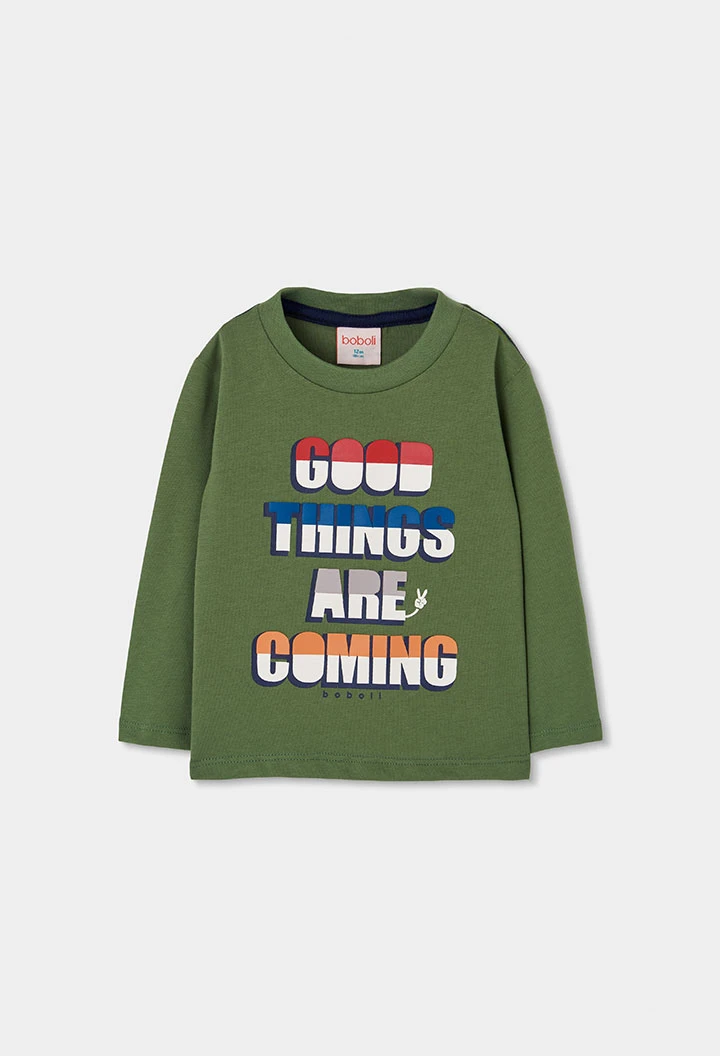 T-shirt maille garçon vert imprimé lettres