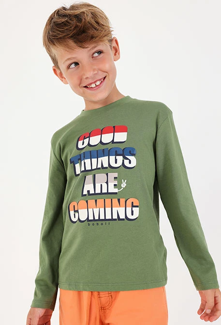 T-shirt maille garçon vert imprimé lettres
