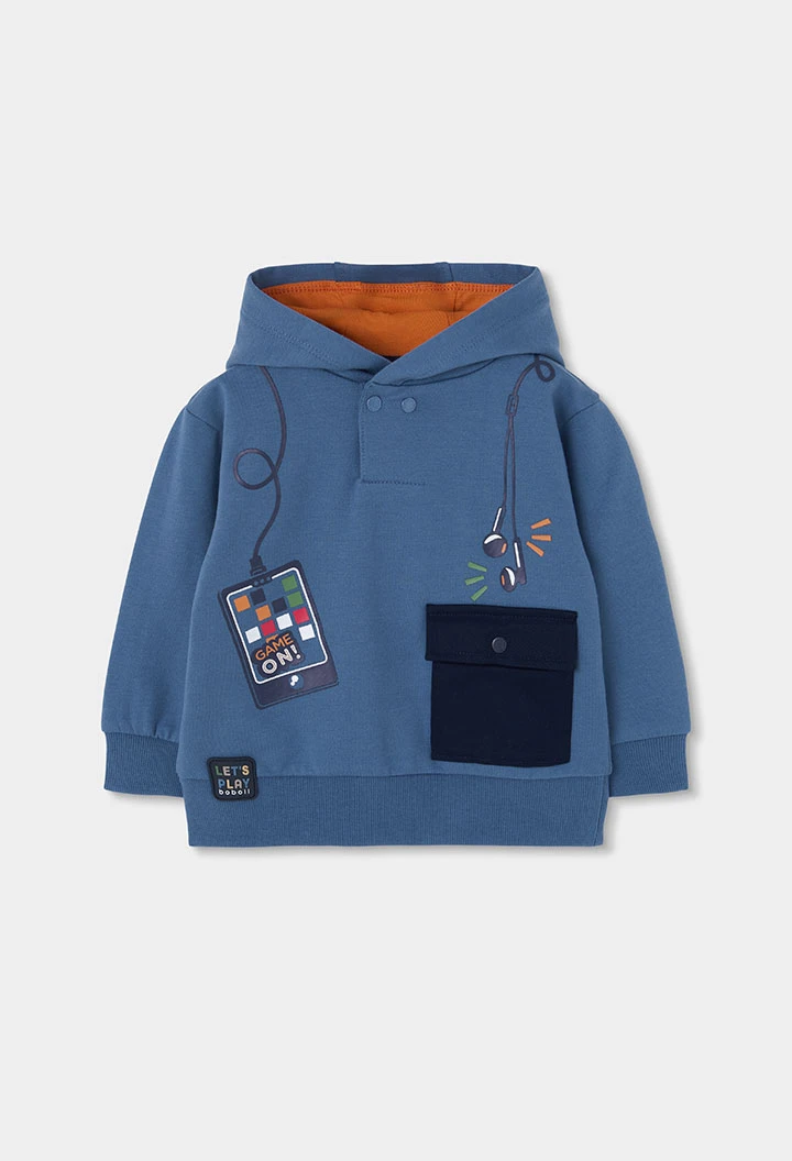 Sweat-shirt molleton garçon bleu à capuche imprimé gaming