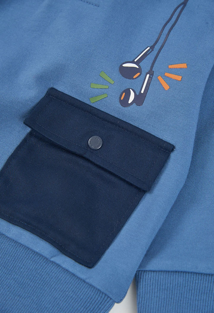 Sweat-shirt molleton garçon bleu à capuche imprimé gaming