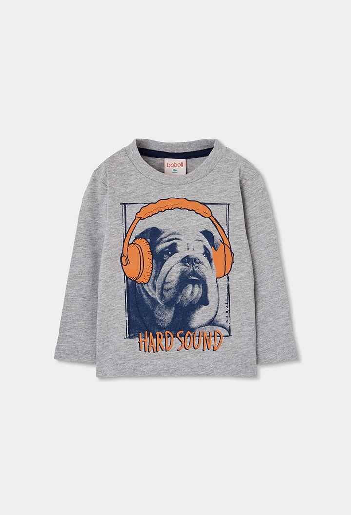 T-shirt maille garçon gris chiné imprimé chien