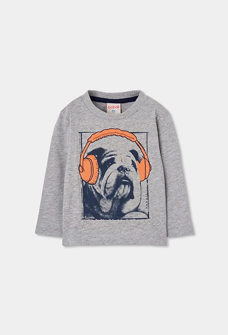 Camiseta de malha rapaz cinzento vigoré estampado cão