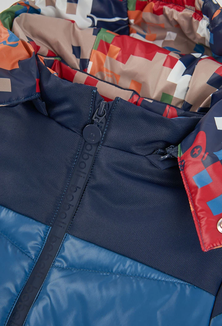 Parka tissu technique garçon bleu réversible imprimée