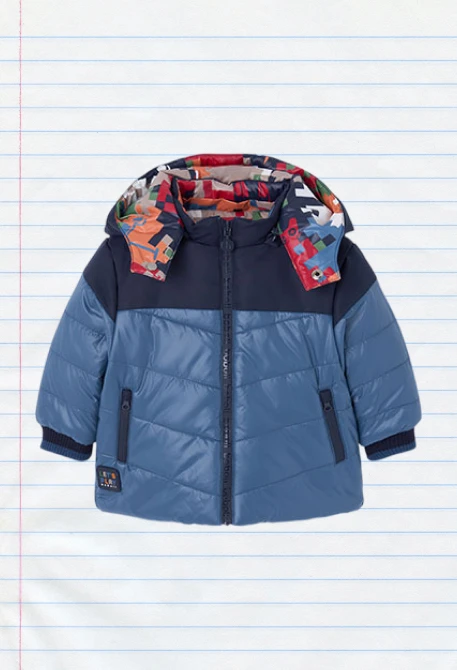 Parka tejido técnico niño azul reversible estampada
