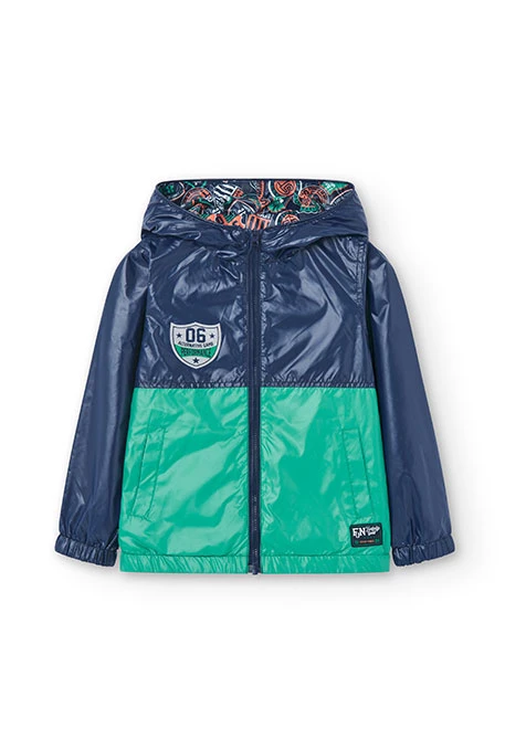 Boy's reversible technical fabric parka in navy blue