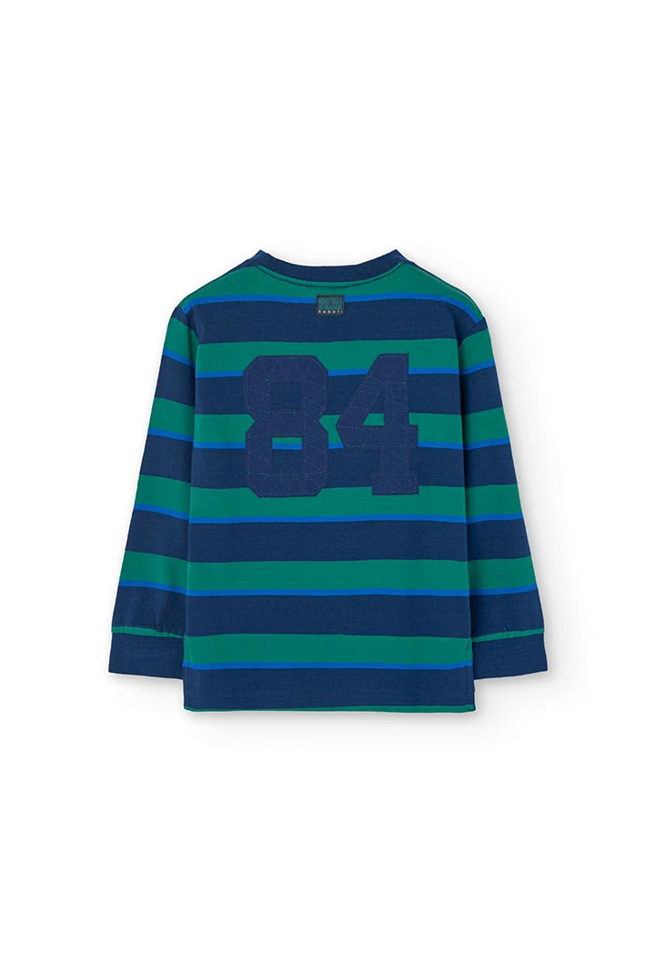 Camiseta de algodón de niño listada en verde y azul marino